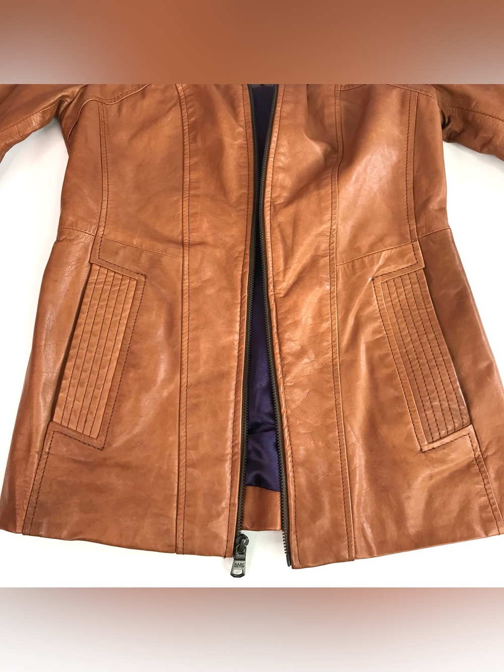 ANDREW MARC XS Caramel Brown British Cafe Racer Leather Moto Jacket Size XS - Picture 13 of 16